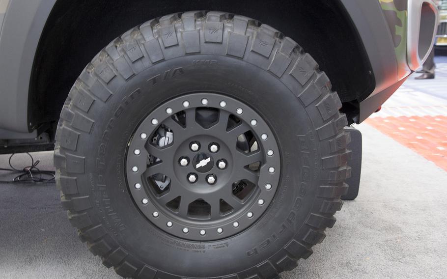 One of the 37-inch tires on the ZH2 Fuel Cell Electric Vehicle, a joint project of General Motors and the U.S. Army, on display at the Washington Auto Show, Jan. 26, 2017.