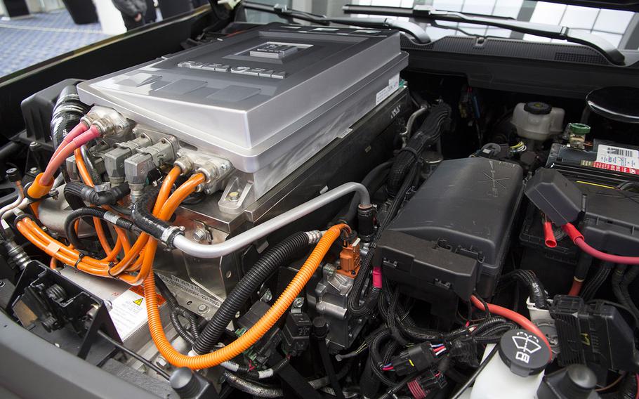 Under the hood of the ZH2 Fuel Cell Electric Vehicle, a joint project of General Motors and the U.S. Army, on display at the Washington Auto Show, Jan. 26, 2017.