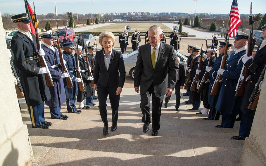 Secretary of Defense Jim Mattis meets with Ursula von der Leyen, Germany's defense minister, at the Pentagon in Washington, D.C., Feb. 10, 2017.