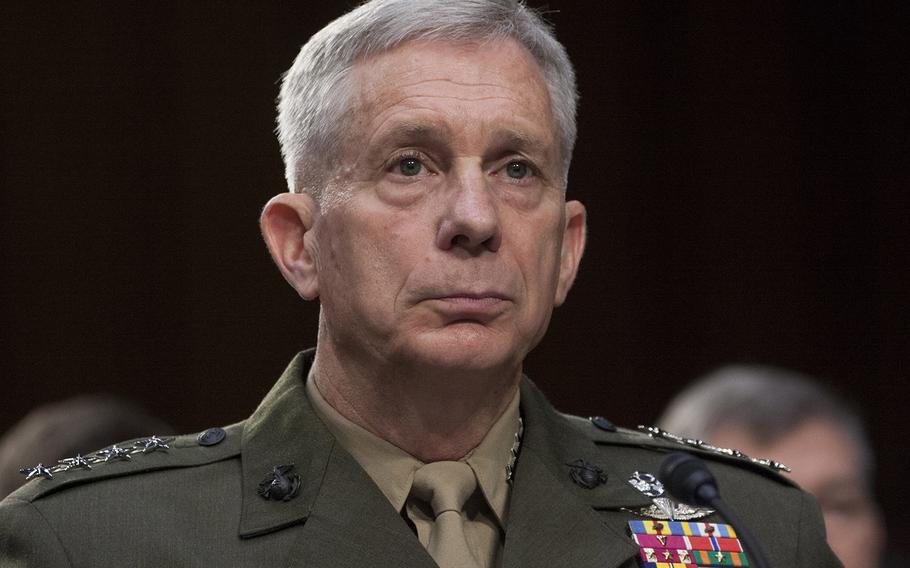 Gen. Thomas D. Waldhauser, commander of U.S. Africa Command, listens to opening statements during a Senate Armed Services Committee hearing on Capitol Hill, March 9, 2017.