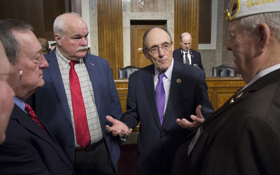 House Committee on Veterans' Affairs Chairman Dr. Phil Roe, R-Tenn., talks with representatives of veterans service organizations before a hearing on Capitol Hill, March 9, 2017