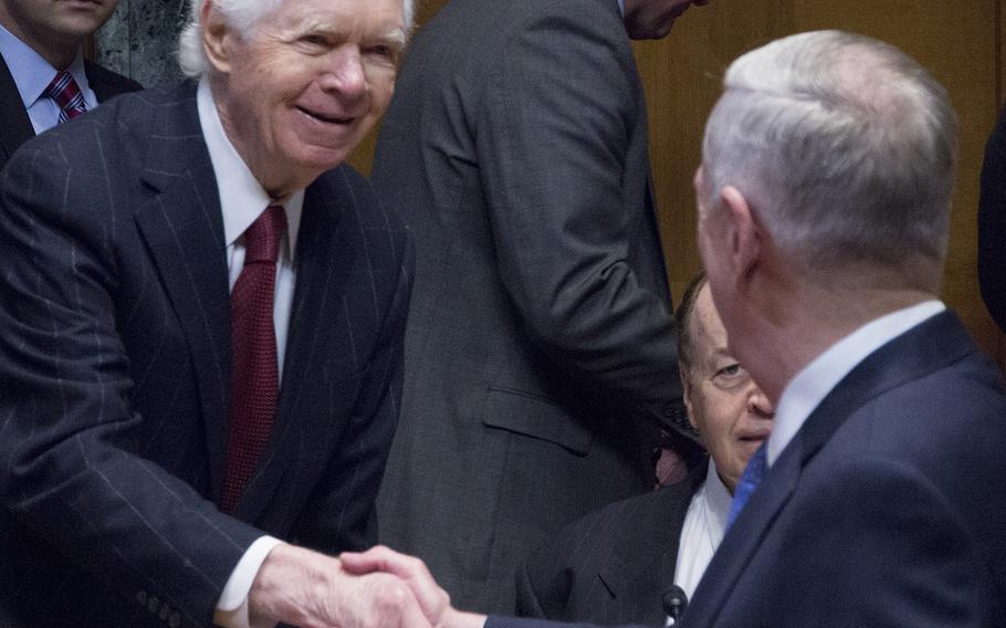 Senate Appropriations Committee Chairman Thad Cochran, R-Miss., shakes hands with Secretary of Defense Jim Mattis before a hearing on Capitol Hill, March 22, 2017.