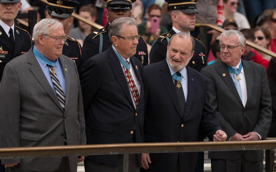 More than 20 Medal of Honor recipients gathered at the Tomb of the Unknown Soldier at Arlington National Cemetery for a wreath-laying ceremony in commemoration of National Medal of Honor Day, held Saturday, March 25, 2017.  