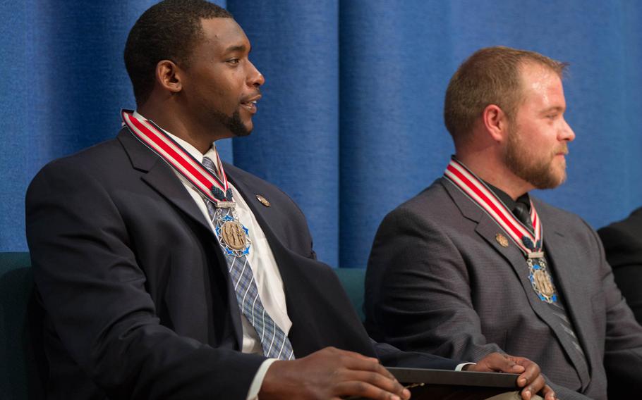 Jacob Ellis and Adam Brunk received the Citizens Honors Award, the highest given by the Congressional Medal of Honor society, for saving the lives of vehicle accident victims on Aug. 21, 2016.  
