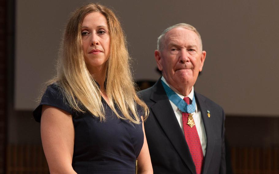 Molly Hudgens, a school counselor at Sycamore Middle School in Tennessee, received the Citizens Honors Award, the highest given by the Congressional Medal of Honor society, for preventing a school shooting in 2016. To her left is Walter Joseph "Joe" Marm Jr., a Vietnam War veteran and Medal of Honor recipient. 