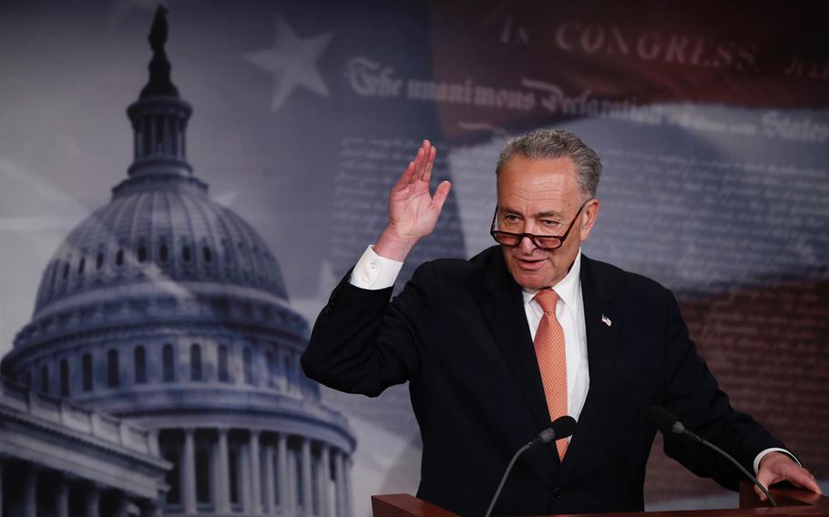 Senate Minority Leader Charles Schumer of N.Y. speaks to reporters during a news conference on Capitol Hill in Washington, Thursday, April 27, 2017. With just hours to spare, Congress easily approved a short-term spending bill Friday that would prevent a partial federal shutdown over the weekend. 