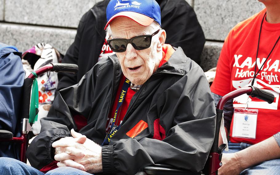 The Battle of the Coral Sea 75th Anniversary Commemoration at the World War II Memorial in Washington, D.C., on May 4, 2017. A veteran from the Kansas Honor Flight watches the ceremony.