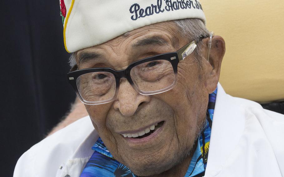 105-year-old World War II veteran Raymond Chavez, the oldest living survivor of the attack on Pearl Harbor, poses for a photo after the Memorial Day ceremony at the National World War II Memorial in Washington, D.C., May 29, 2017.