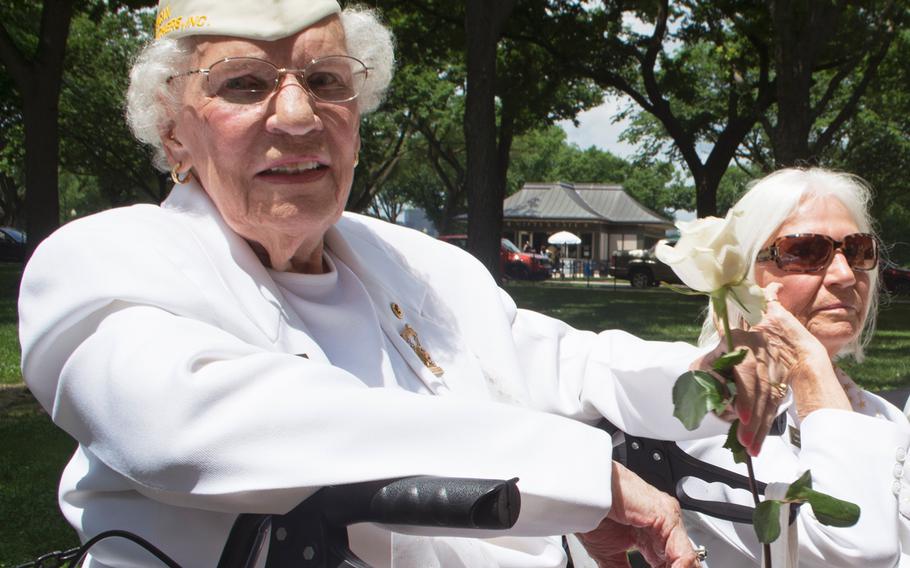 Emogene Cupp waits for the start of the Vietnam Wall Memorial Day ceremony on May 29, 2017. Cupp is a Gold Star Mother. Her son, Cpl. Robert Cupp, was killed in action on June 1968. Next to her is another Gold Star mother: Ann Wolcott. 