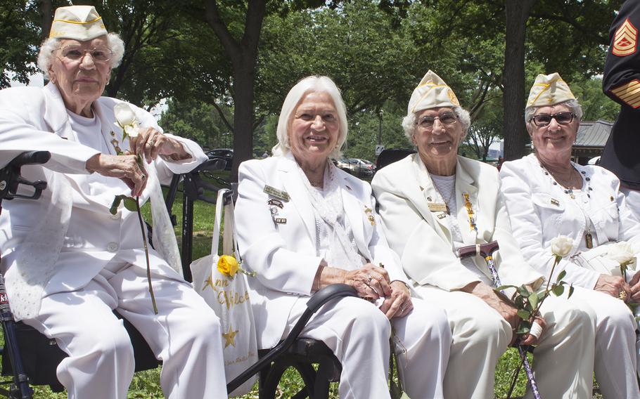 Gold Star Mothers - and all former presidents of American Gold Star Mothers Inc. - from left to right, Emogene Cupp, Ann Wolcott, Terry Davis (Gold Star mother, wife and sister), and Georgie Carter Krell (mother of Bruce Carter, Medal of Honor recipient). 