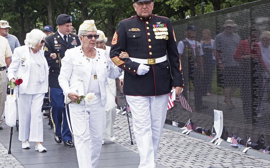 Gold Star Mothers walk at the start of the Vietnam Wall Memorial Day ceremony on May 29, 2017.