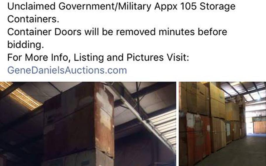 The Gene Daniels Auctions Facebook site displays an advertisement for a May 6, 2017 auction of servicemember household goods. The advertisement drew a barrage of angry comments.