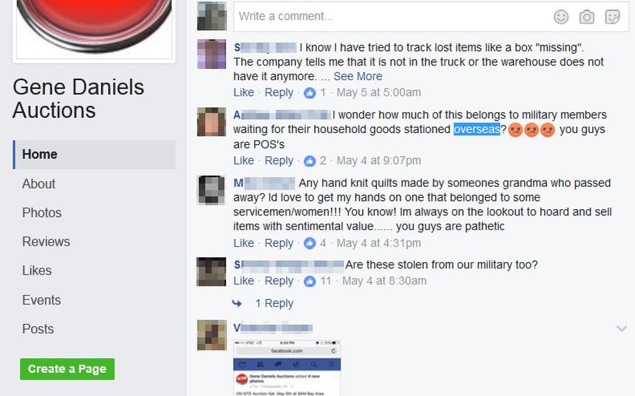 The Gene Daniels Auctions Facebook site displays angry comments fueled by an advertisement in May for an auction of servicemember household goods. Navy officials later stated that the goods were decades old and were never claimed.
FACEBOOK SCREENSHOT