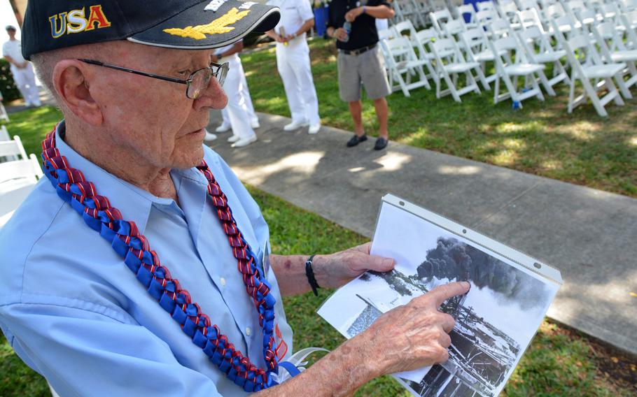 John F. Miniclier, who was a Marine private first class stationed on Sand Island during the Battle of Midway, points to the surveillance tower he was in during the Japanese attack on June 4, 1942. Miniclier was one of two veterans of the battle who attended the 75th anniversary ceremony held at Joint Base Pearl Harbor-Hickam June 2, 2017.
