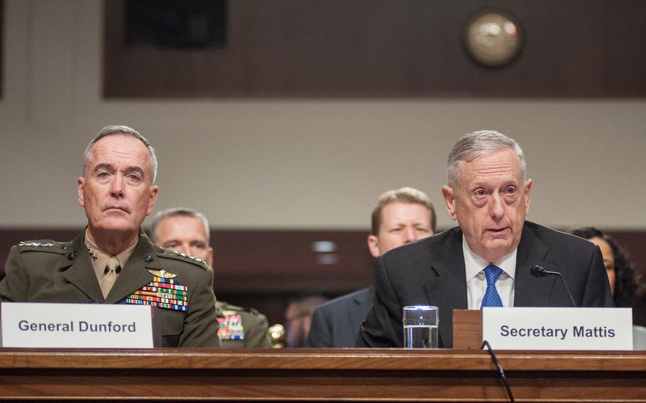 Defense Secretary Jim Mattis and Chairman of the Joint Chiefs of Staff Gen. Joseph Dunford appear before the Senate Armed Services Committee on Tuesday, June 13, 2017, during a hearing on Capitol Hill in Washington, D.C. In answer to some pointed questions about the U.S. military's strategy in Afghanistan, Mattis said the White House should have its revised Afghan strategy by July.