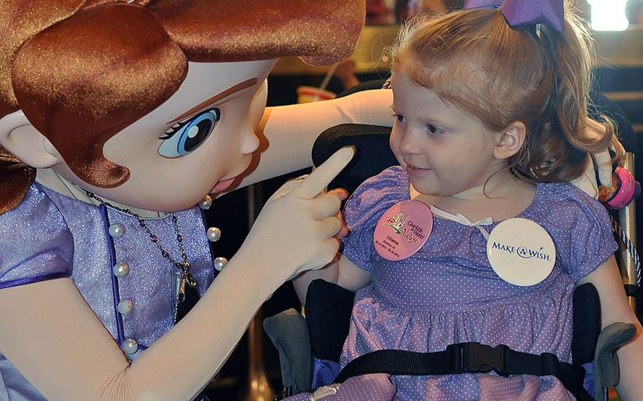 Lillianna Shull with her favorite Disney Princess, Princess Sofia the First, on her Make A Wish trip to Disney World in Orlando, Florida in May 2014.