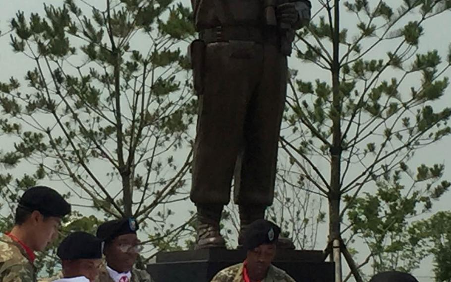 The 8th Army unveils the new home of the statue of Korean War hero Gen. Walton Walker during a ceremony to mark the opening of its new headquarters at Camp Humphreys, South Korea, Tuesday, July 11, 2017. 