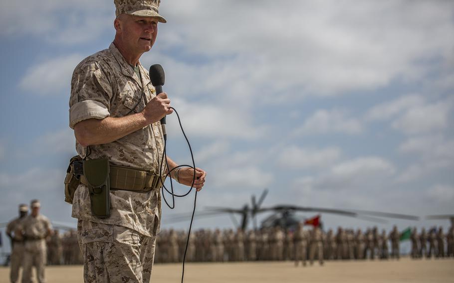 Brig. Gen. Bradley S. James speaks as he assumed his position of commanding general of 4th Marine Aircraft Wing, at Marine Corps Air Station Miramar, Calif., April 29, 2016. James said a plane crash that killed 16 servicemembers had developed problems in the air before crashing into a Mississippi field. 