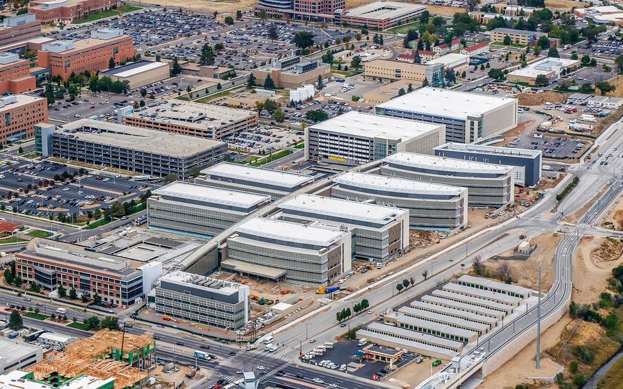 Aerial photo of the 12-building Department of Veteran Affairs replacement medical center under construction in Aurora, Colorado. The entire facility has been under U.S. Army Corps of Engineers' contract to Kiewit-Turner since November 2015. The project is on target for contract completion by January 2018.