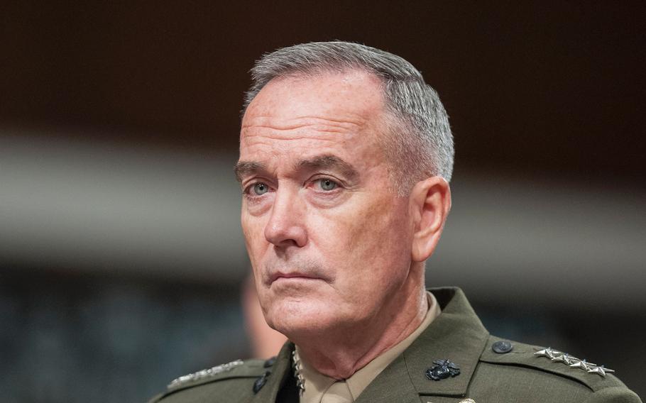 Chairman of the Joint Chiefs of Staff Gen. Joseph Dunford attends a Senate hearing on June 13, 2017. According to reports on Thursday, July 27, Dunford said in a memo to military leaders that "there will be no modifications" to current transgender policy for now, amid recent announcements on the subject by President Donald Trump.