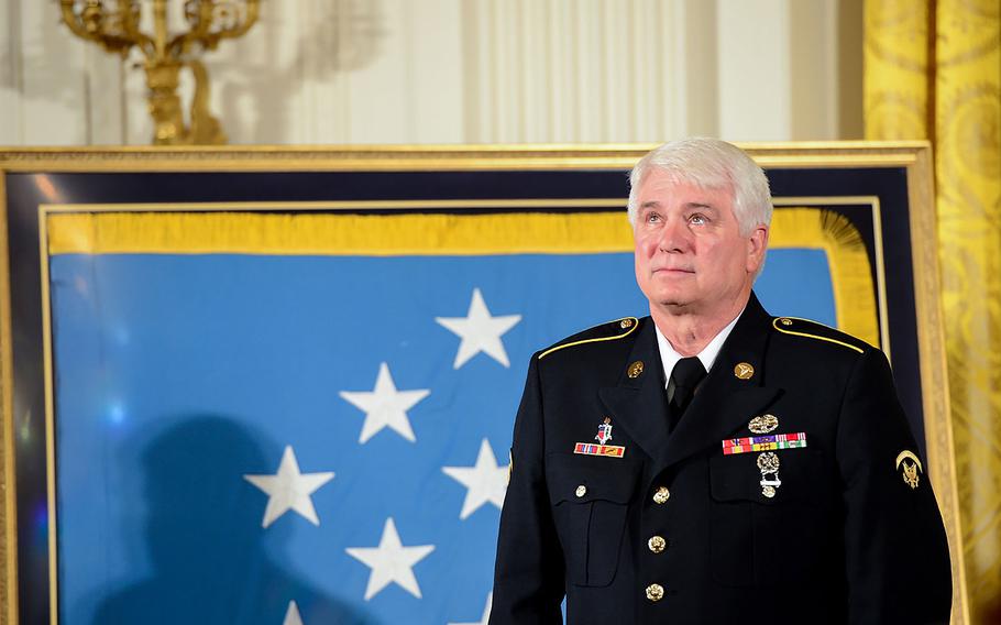 James C. McCloughan was awarded the Medal of Honor on Monday, July 31, 2017 in a ceremony at the White House in Washington.  As a 23-year-old Army medic, McCloughan ran through fields of flying bullets repeatedly to retrieve and treat wounded comrades in the midst of a deadly two-day battle. 