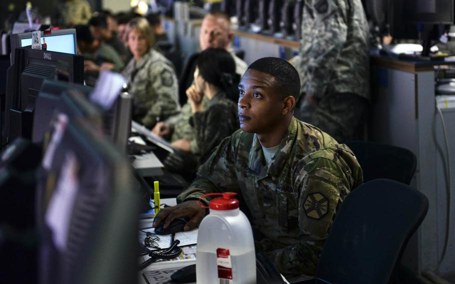 Sgt. Dennis Franklin monitors air space at the Hardened Theater Air Control Center, Osan Air Base, South Korea, during the first day of Ulchi Freedom Guardian drills in 2015. 