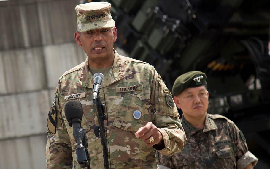Gen. Vincent Brooks, commander U.S. Forces Korea, speaks to reporters at Osan Air Base, South Korea, Tuesday, Aug. 22, 2017. 