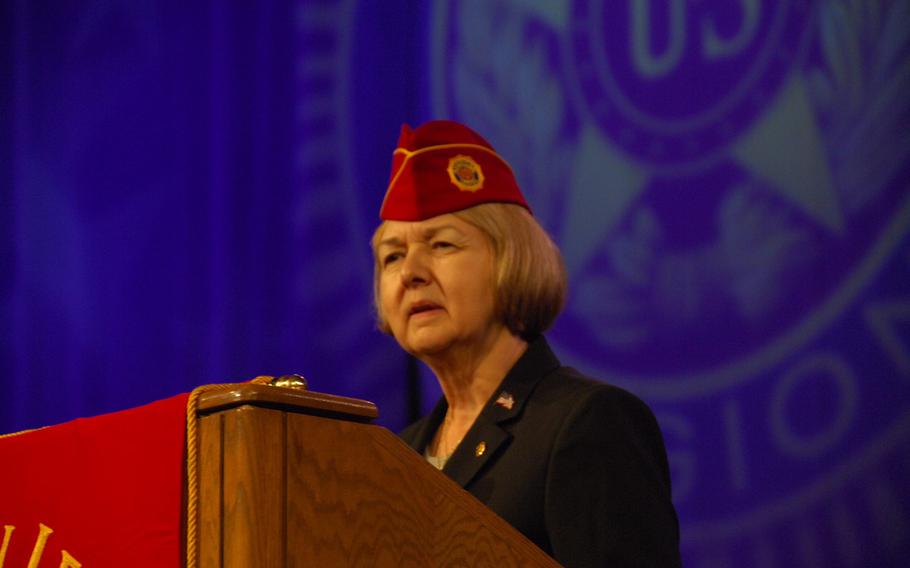 New American Legion National Commander Denise Rohan addresses thousands of veterans at the group's national convention in Reno, Nev. on Thursday, Aug. 24.