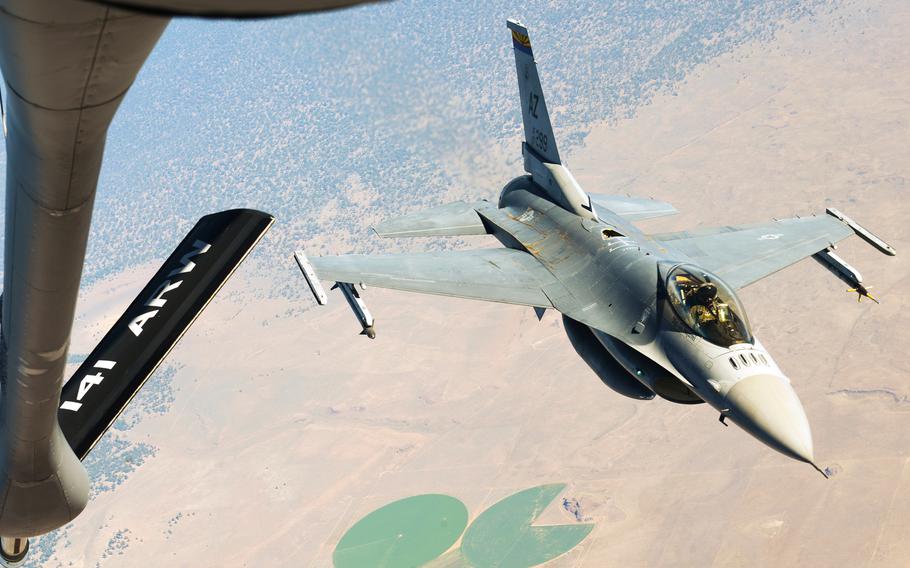 A U.S. Air Force F-16 Fighting Falcon assigned to the 162nd Fighter Wing, Arizona Air National Guard, prepares to refuel from a KC-135 Stratotanker on July 21, 2017.