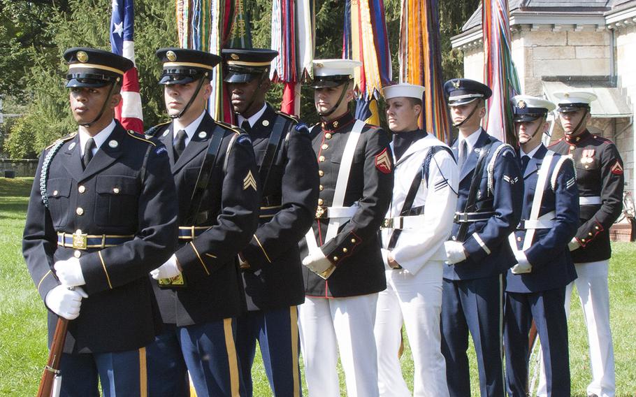 The Joint Armed Forces Color Guard, during ceremonies marking the 150th anniversary of the Antietam National Cemetery, Sept. 16-17, 2017 at Sharpsburg, Md.