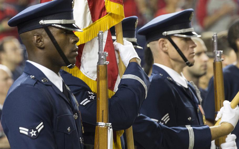 The U.S. Air Force Honor Guard, on Air Force Night at Nationals Park in Washington, D.C., Sept. 17, 2017.