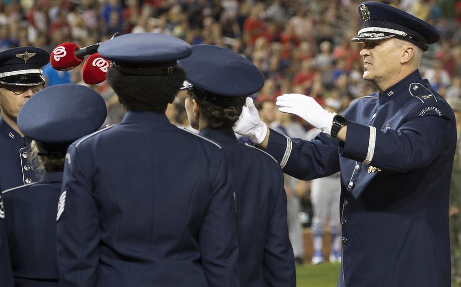 The U.S. Air Force Singing Sergeants perform the national anthem on Air Force Night at Nationals Park in Washington, D.C., Sept. 17, 2017.