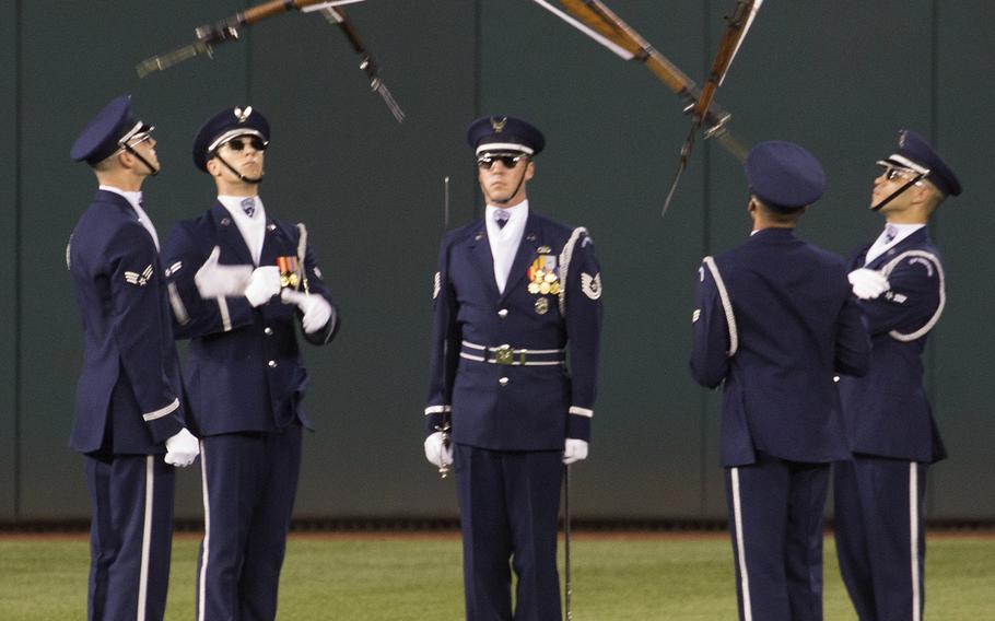 The U.S. Air Force Honor Guard Drill Team performs on Air Force Night at Nationals Park in Washington, D.C., Sept. 17, 2017.
