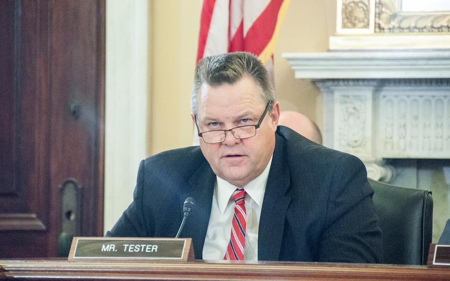 Sen. Jon Tester, D-Mont., makes a point during a Senate Committee on Veterans Affairs hearing on Capitol Hill in Washington on Wednesday, Sept. 27, 2017, that the VA must do a better job of outreach to vulnerable veterans.
