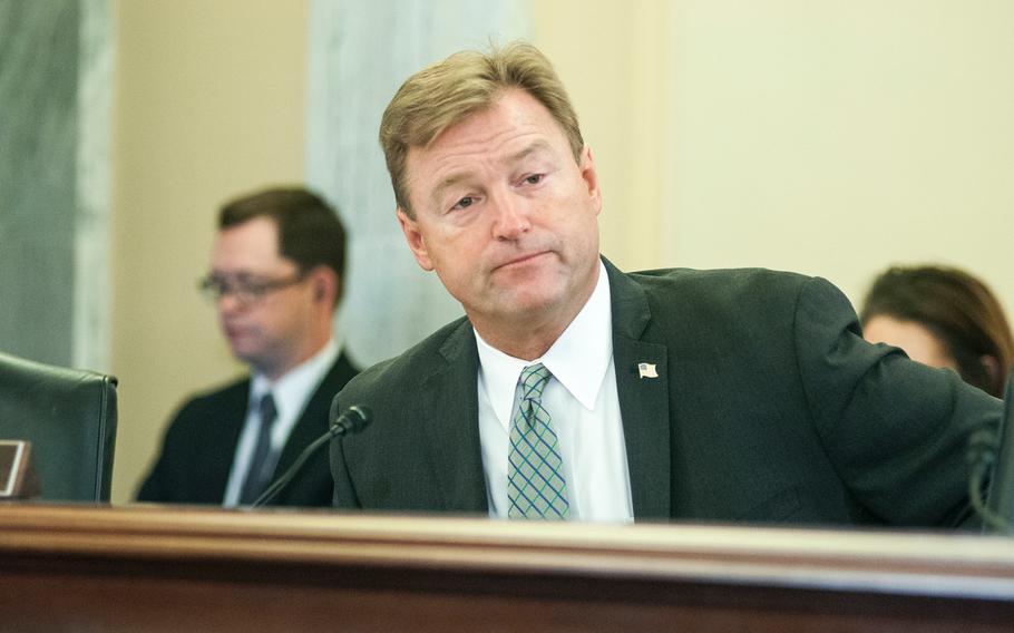 Sen. Dean Heller, R-Nev., asks witnesses during a Senate Committee on Veterans Affairs hearing on Capitol Hill in Washington on Wednesday, Sept. 27, 2017, why Western states are seeing comparatively high rates of veteran suicides.
