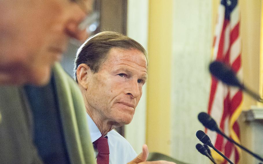Sen. Richard Blumenthal, D-Conn. addresses expert witnesses during a Senate Committee on Veterans Affairs hearing on Capitol Hill on Wednesday, Sept. 27, 2017, noting that he keeps hearing reports that suicidal veterans lack access to help.