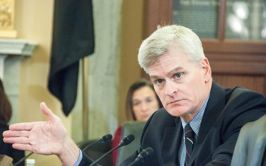 Sen. Bill Cassidy, R-La., asks a question concerning suicide data during a Senate Committee on Veterans Affairs hearing on Capitol Hill in Washington on Wednesday, Sept. 27, 2017. "What can be done to prevent veteran suicide?" was the topic addressed at the hearing.