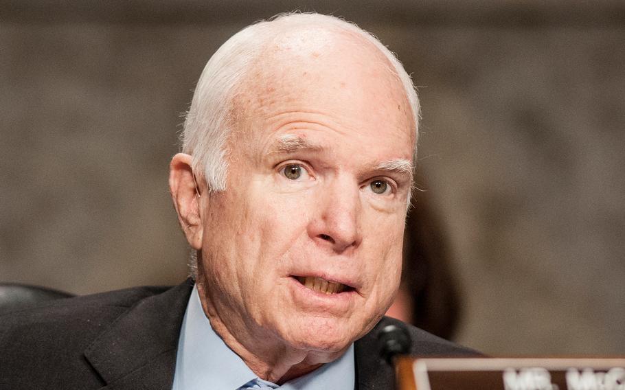 Chairman of the Senate Armed Services Committee, Sen. John McCain, R-Ariz., addresses Secretary of Defense Jim Mattis and Chairman of the Joint Chiefs of Staff Gen. Joseph Dunford during a hearing Tuesday, Oct. 3, 2017, on Capitol Hill in Washington. While expressing his respect for Mattis and Dunford, McCain scolded the two for not submitting prepared written testimony ahead of the hearing.