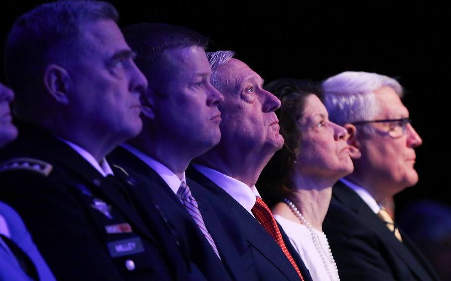 Secretary of Defense Jim Mattis, center, was the keynote speaker at the opening ceremony at the 2017 Association of the U.S. Army Meeting and Exposition held in Washington, D.C., on Oct. 9, 2017.