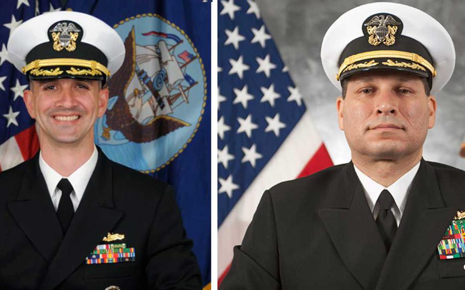 The USS John S. McCain’s commanding officer, Cmdr. Alfredo J. Sanchez, left, and executive officer, Cmdr. Jessie L. Sanchez were relieved of duty due to a loss of confidence in their ability to lead, according to a Navy statement.