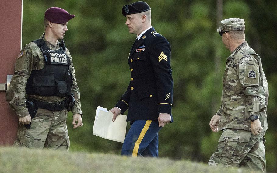 United States Army Sgt. Bowe Bergdahl arrives at the Fort Bragg courtroom facility for a sentencing hearing on Monday, Oct. 30, 2017.