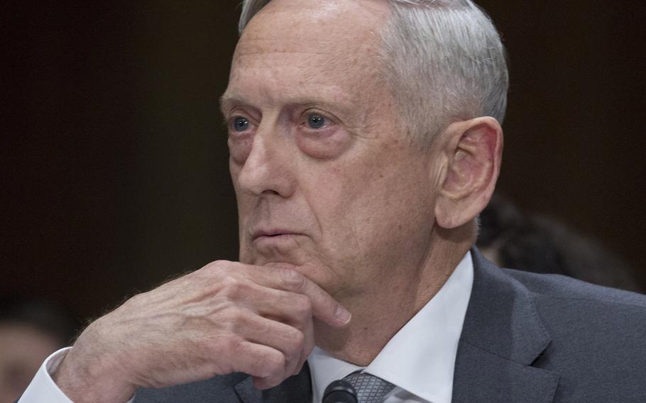 Secretary of Defense Jim Mattis listens during a Senate Foreign Relations Committee hearing on authorizations for the use of military force, Oct. 30, 2017 on Capitol Hill.