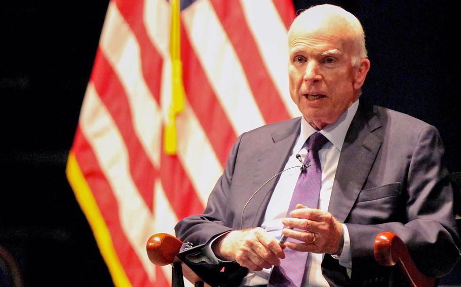 Sen. John McCain, R-Ariz., addressed a crowd of  Midshipmen and distinguished guests at the United States Naval Academy on Monday, Oct. 30, 2017. The Arizona senator talked about service to country and leadership during a nearly 20-minute speech. McCain graduated from the Naval Academy in 1958.