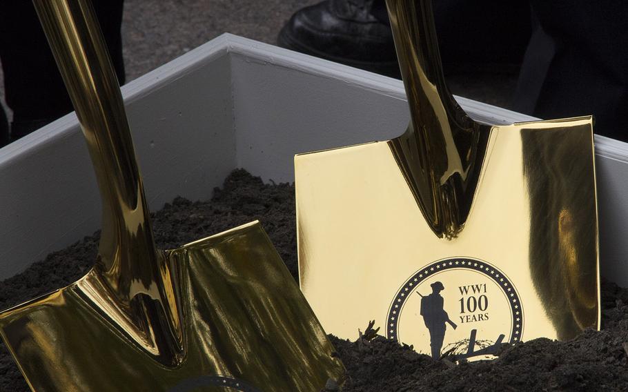 Ceremonial shovels at the groundbreaking ceremony for the National World War I Memorial at Pershing Park in Washington, D.C., Nov. 9, 2017.