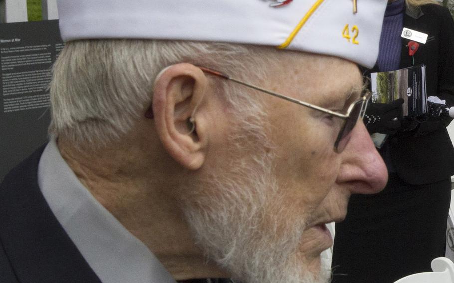 Army veteran Edward M. Hogan is interviewed after the groundbreaking ceremony for the National World War I Memorial at Pershing Park in Washington, D.C., Nov. 9, 2017.