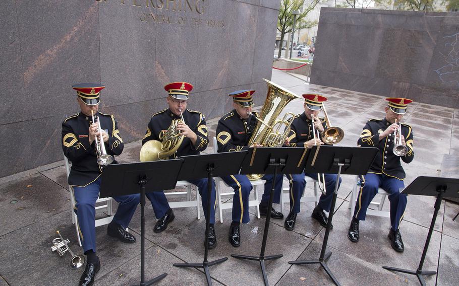 The U.S. Army Band Brass Quintet plays before the groundbreaking ceremony for the National World War I Memorial at Pershing Park in Washington, D.C., Nov. 9, 2017.