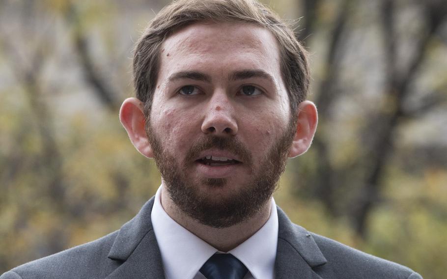 Joseph Weishaar, the lead designer for the National World War I Memorial, speaks during rhe groundbreaking ceremony at Pershing Park in Washington, D.C., Nov. 9, 2017.