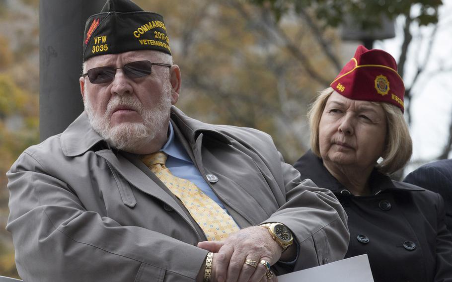 Veterans of Foreign Wars Commander in Chief Keith Harman and American Legion National Commander Denise H. Rohan listen during the groundbreaking ceremony for the National World War I Memorial at Pershing Park in Washington, D.C., Nov. 9, 2017.