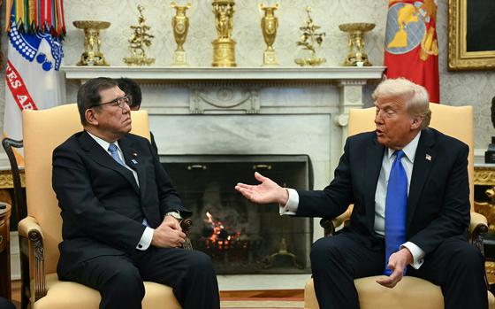 The U.S. president talks to the Japanese prime minister in Washington, D.C.
