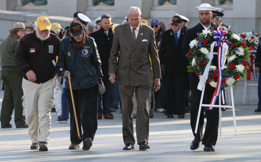 Veterans of the Second World War gathered Thursday, Dec. 7, 2017, at the National World War II Memorial in Washington, D.C., for a wreath-laying ceremony held in remembrance of the attack on Pearl Harbor 76 year ago.